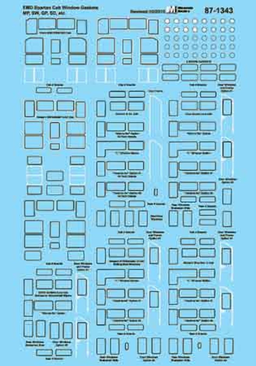 Microscale 87 - 1343 HO Scale EMD Spartan Cab Window Gaskets - MP, SW, GP, SD Waterslide Decals - Oakville Model Trains Depot