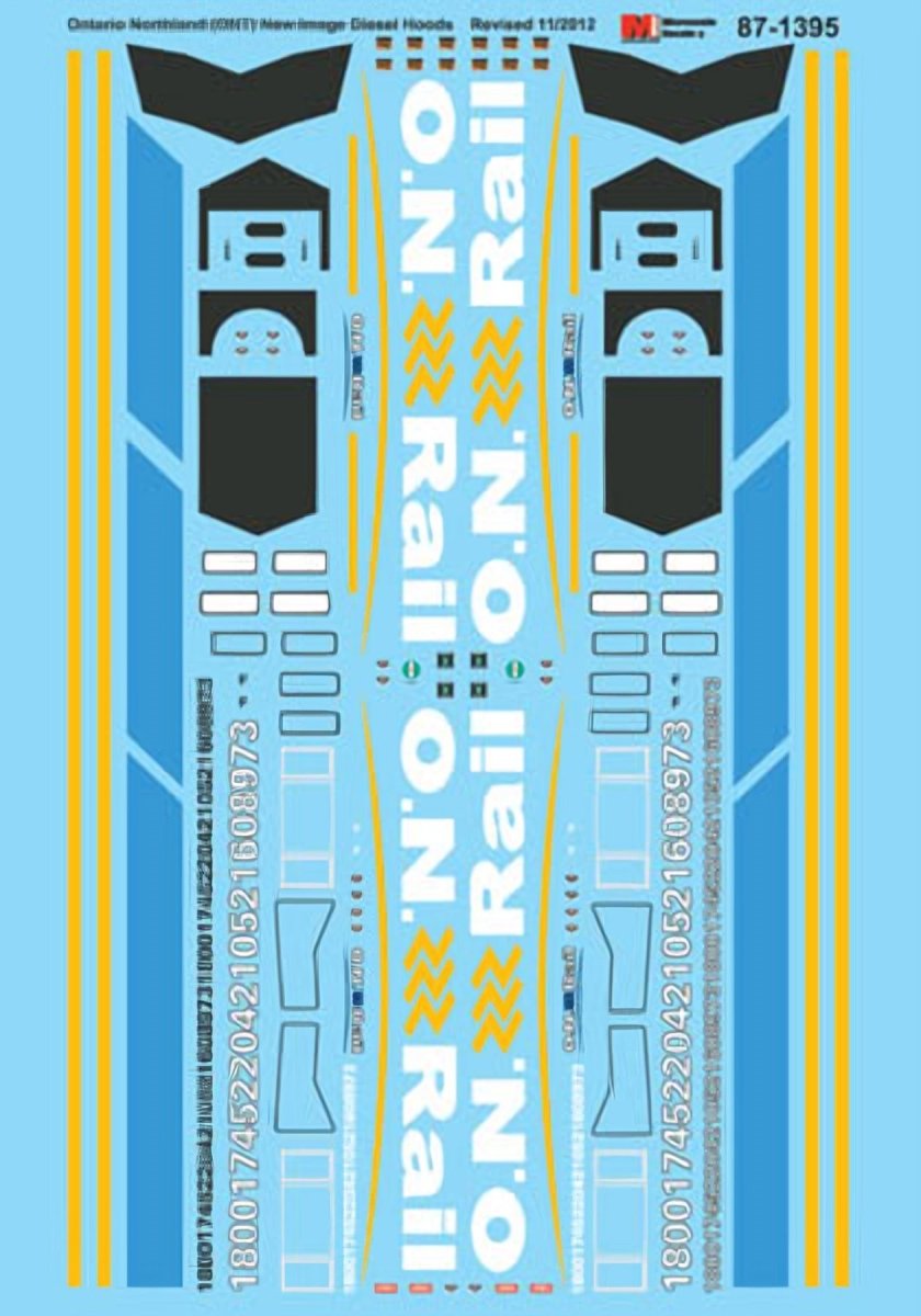 Microscale 87 - 1395 HO Scale Ontario Northland (ONT) New Image Diesel Hoods Waterslide Decals - Oakville Model Trains Depot