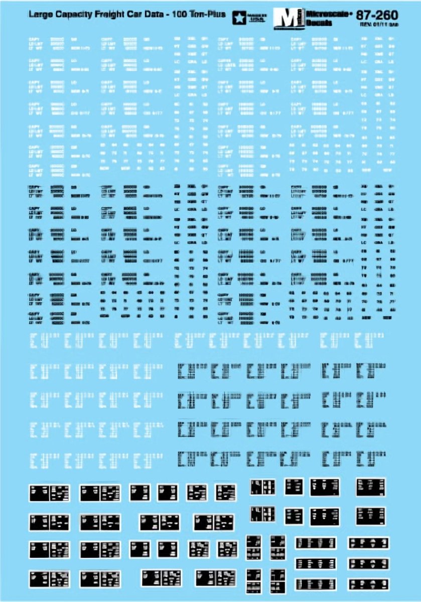 Microscale 87 - 260 HO Scale Freight Car Capacity Data - Large 200 Ton - Black & White (1985+) Waterslide Decals - Oakville Model Trains Depot