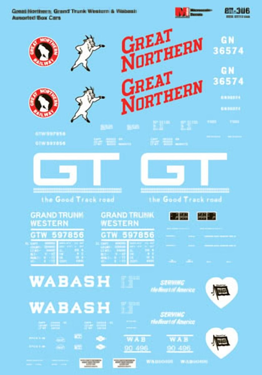Microscale 87 - 306 HO Scale Great Northern, Grand Trunk Western & Wabash 40 foot Boxcars Waterslide Decals - Oakville Model Trains Depot