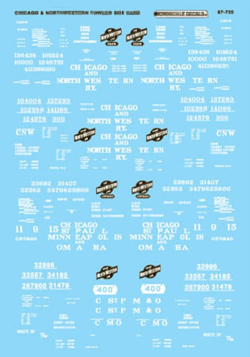Microscale 87 - 735 HO Scale Chicago & North Western 40 foot Wood Fowler Boxcars (1914 - 1941) Waterslide Decals - Oakville Model Trains Depot