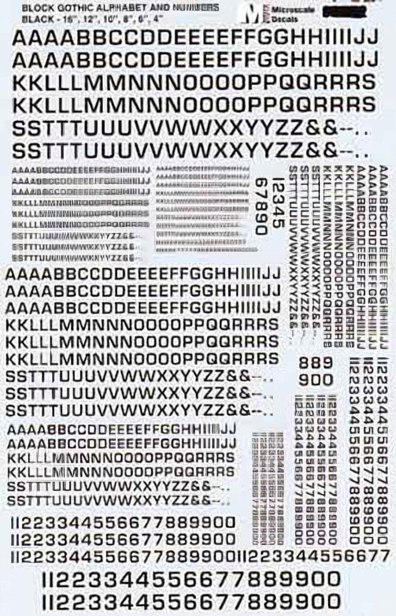 Microscale 90522 HO Scale Euro Alphabet & Numbers - Adjusted Font - Black - 4 to 16 inch heights Waterslide Decals - Oakville Model Trains Depot