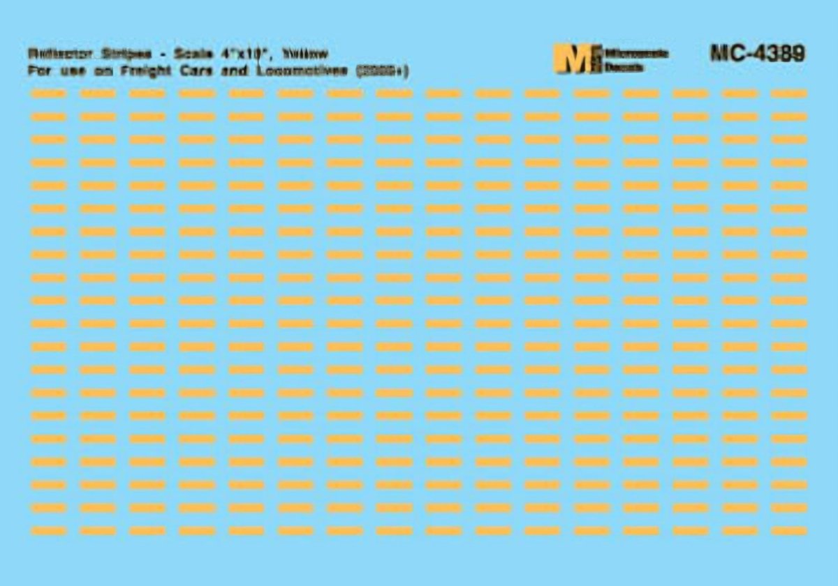 Microscale MC - 4389 HO Scale Reflector Stripes - Scale 4 x 18 inch - for Freight Cars (2005+) Waterslide Decals - Oakville Model Trains Depot