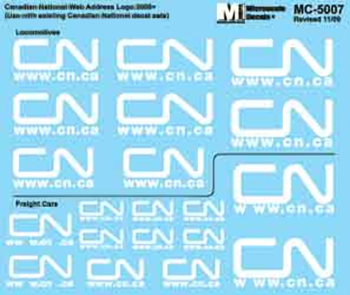 Microscale MC - 5007 HO Scale Canadian National New Web Address Logo - White - Various Sizes (2007+) Waterslide Decals - Oakville Model Trains Depot