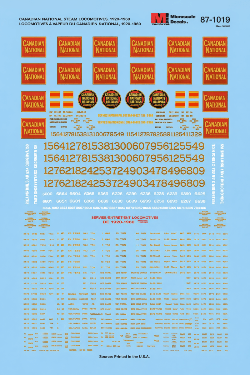 Microscale 60 - 1019 N Scale Canadian National Steam Locomotives (1931 - 1960) Waterslide Decals - Oakville Model Trains Depot