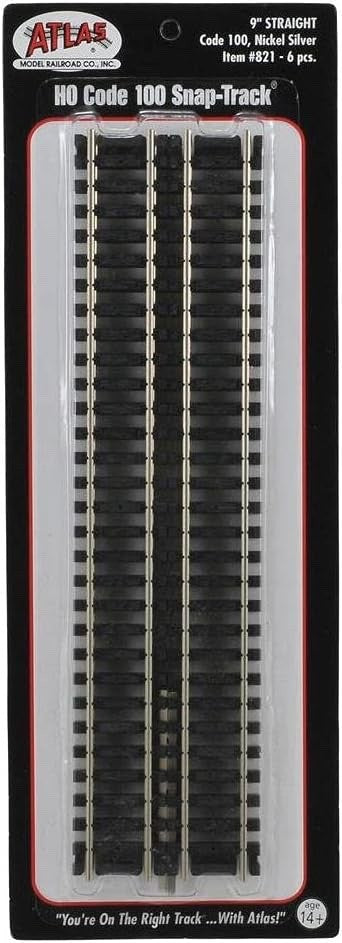 Atlas 821 HO Scale Code 100 9" Straight Track - 6pcs