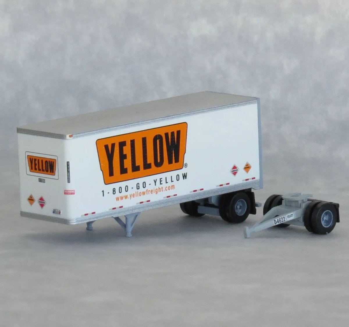 TrainWorx 42885 - 05 N Scale Yellow Freight (Orange) 28' Pup Van Trailer + Converter Dolly (LTL Doubles) - Oakville Model Trains Depot