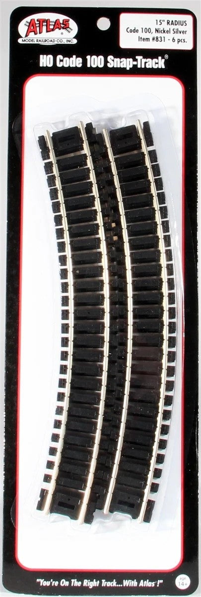 Atlas 831 HO Scale Code 100 15" Radius Curved Snap-Track - 6pcs