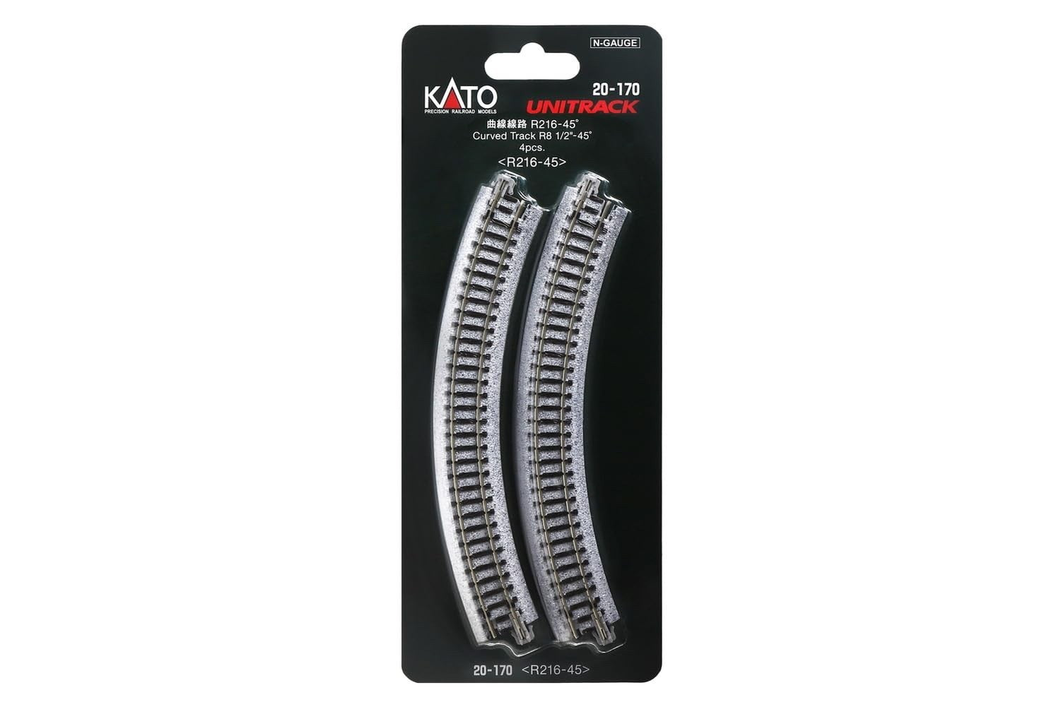 Kato 20-170 N Scale Unitrack 216mm (8 9/16") Radius 45º Curve Track - 4pcs