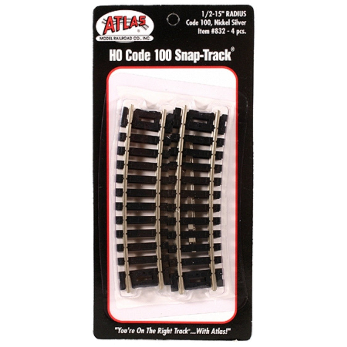 Atlas 832 HO Scale Code 100 15" Radius Curved Snap-Track 1/2 Section - 4pcs