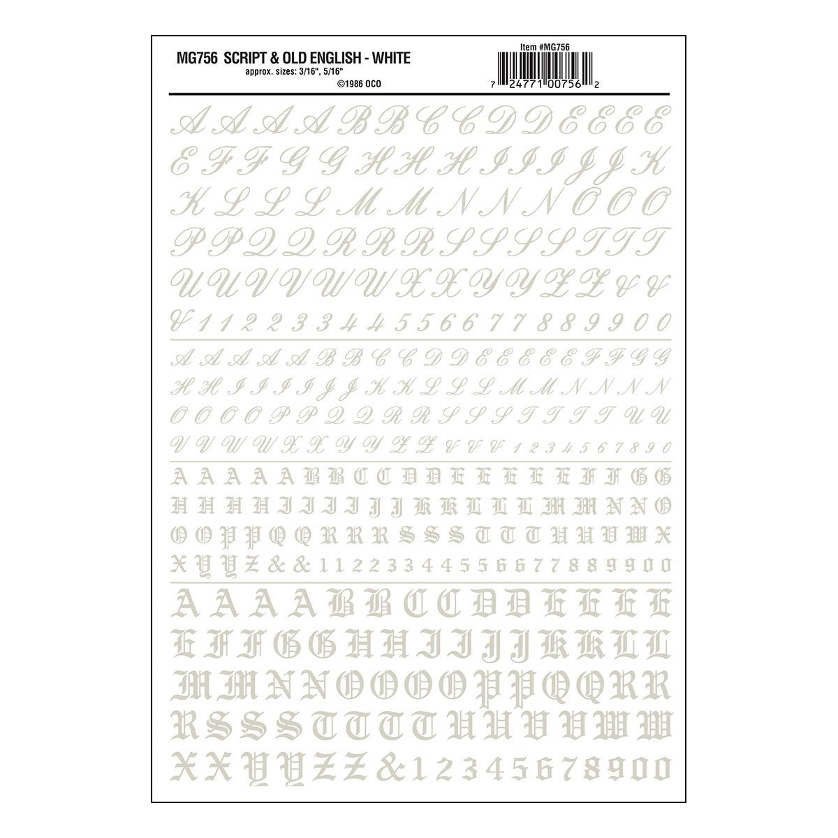 Woodland Scenics MG756 Script & Old English White Decals