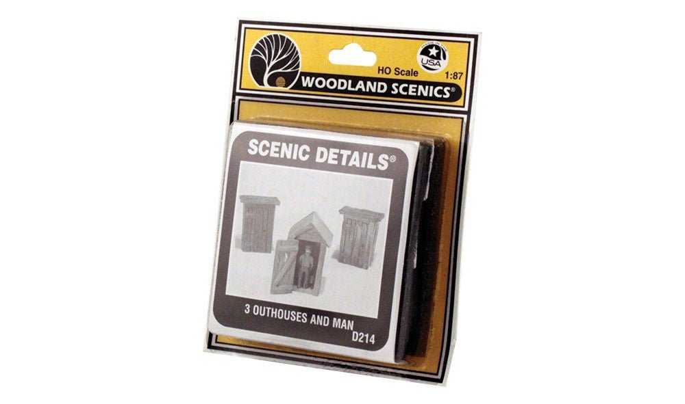 Woodland Scenics D214 HO Scale 3 Outhouses and Man Kit - Oakville Model Trains Depot