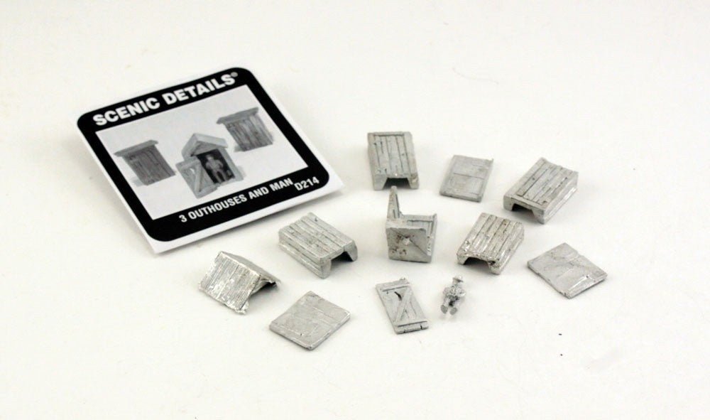 Woodland Scenics D214 HO Scale 3 Outhouses and Man Kit - Oakville Model Trains Depot