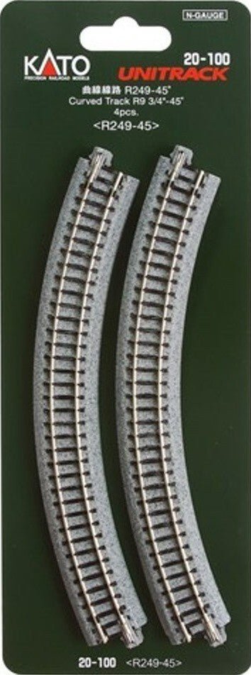 KATO 20 - 100 N Scale Unitrack R249mm (R9 - 3/4") 45° Curved Track - 4 - Pack - Oakville Model Trains Depot