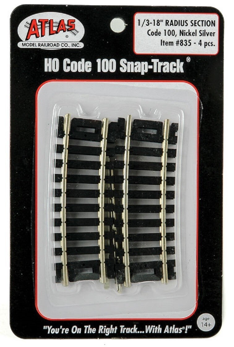 Atlas 835 HO Scale Code 100 18" Radius Curved Snap-Track 1/3 Section - 4pcs