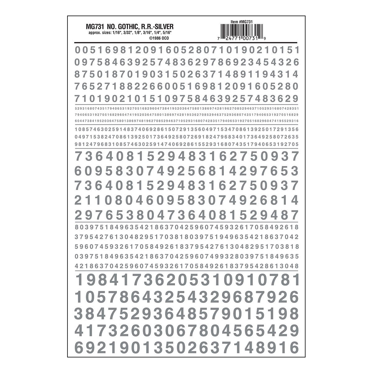 Woodland Scenics MG731 Numbers Gothic R.R. Silver Decals - Oakville Model Trains Depot