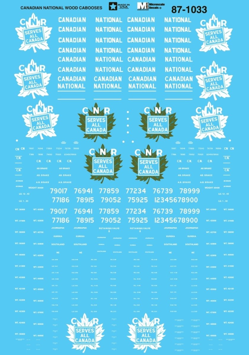 Microscale 60 - 1033 N Scale Canadian National Cabooses (1920 - 1961) Waterslide Decals - Oakville Model Trains Depot