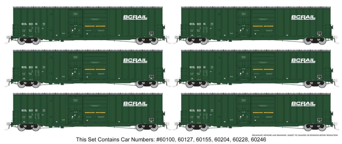 Rapido 191001 HO Trenton Works 6637 cuft Combination - Door Boxcar — BC Rail As - Delivered: 6 - Pack 1 - Oakville Model Trains Depot