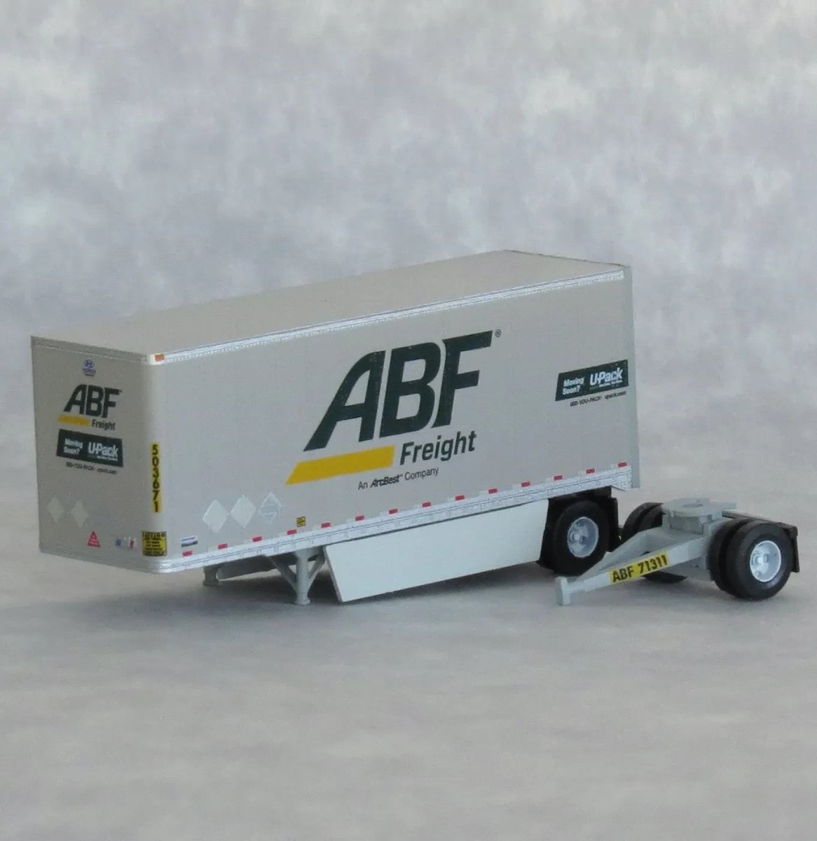 TrainWorx 42893 - 08 N Scale ABF Freight System 28' Pup Van Trailer + Converter Dolly (LTL Doubles) - Oakville Model Trains Depot