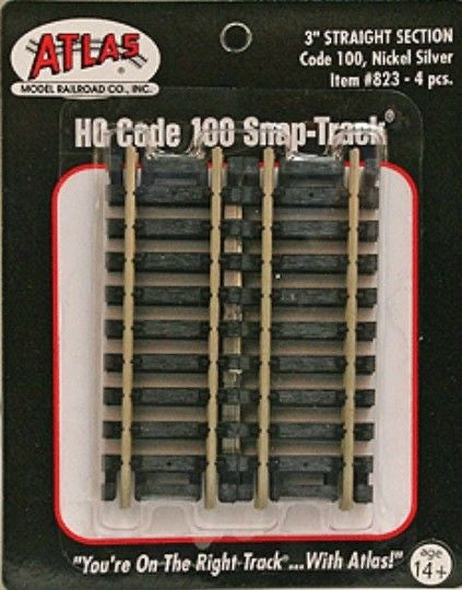 Atlas 823 HO Scale 3" Straight Snap-Track Nickel-Silver Rail - 4pcs