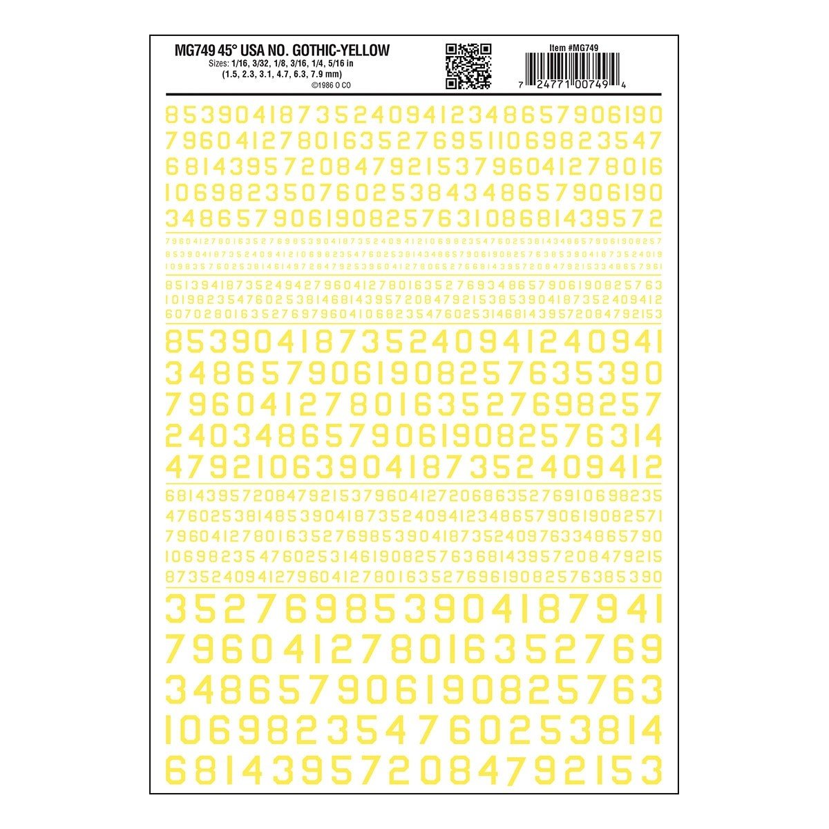 Woodland Scenics MG749 Numbers 45° USA Gothic Yellow Decals - Oakville Model Trains Depot