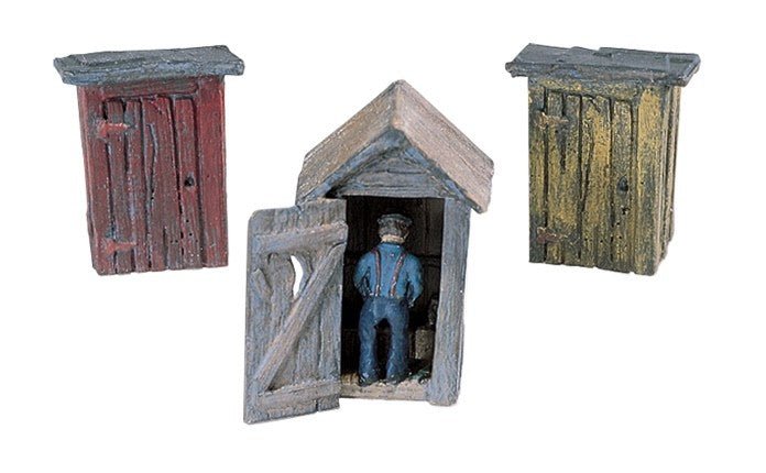 Woodland Scenics D214 HO Scale 3 Outhouses and Man Kit - Oakville Model Trains Depot