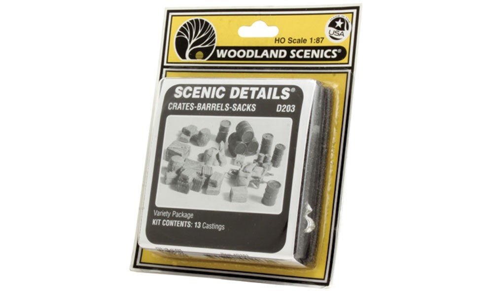 Woodland Scenics D203 HO Scale Crates - Barrels - Sacks Kit - Oakville Model Trains Depot