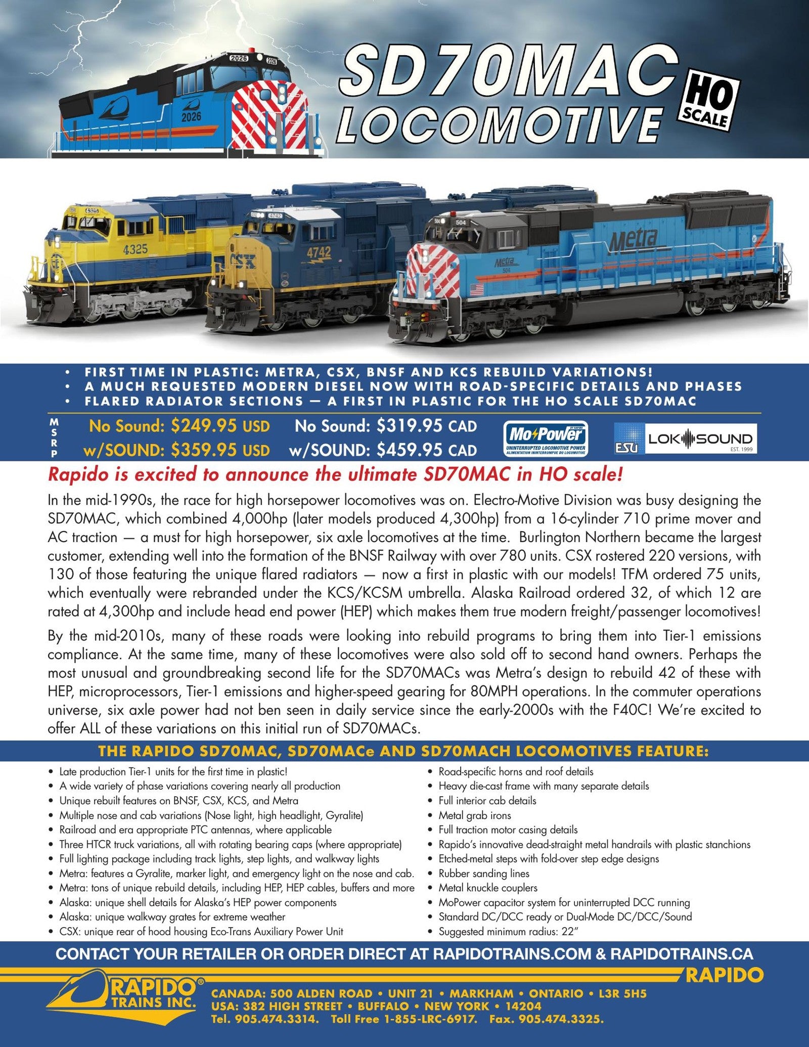 Rapido HO SD70MAC sales sheet - Rapido HO SD70MAC (DC/Silent): CSX YN3 (SD70AC): #4797