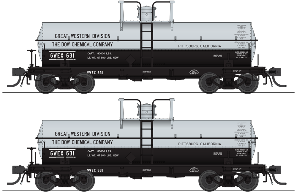 Broadway Limited Imports 10352 HO 6000 Gallon Tank, Dow Chemical, Aluminum & Black, 2-pack (GWEX #611, GWEX #612)