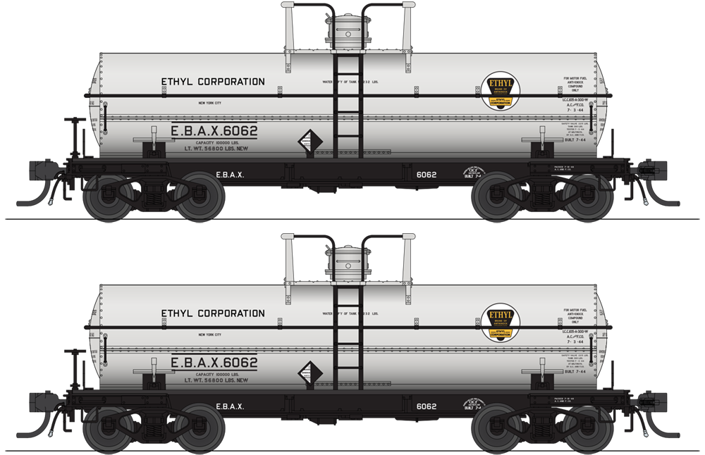 Broadway Limited Imports 10354 HO 6000 Gallon Tank, Ethyl Corporation, Gray w/ Black & Yellow Logo, 2-pack (EBAX #6066, EBAX #6067)