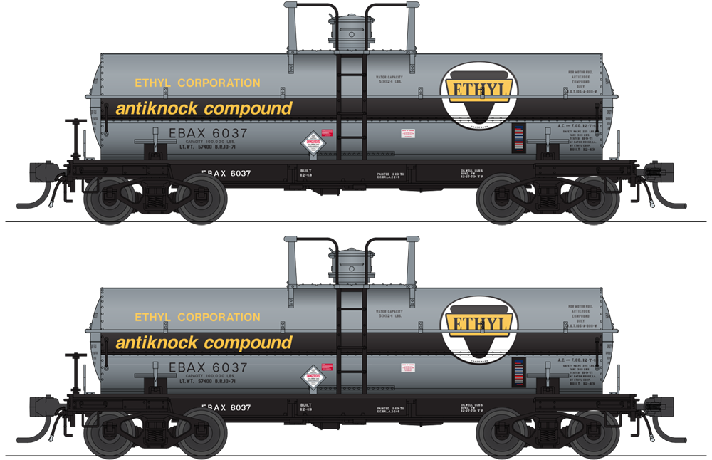 Broadway Limited Imports 10355 HO 6000 Gallon Tank, Ethyl Corporation, Dark Gray w/ Black Band, 2-pack (EBAX #6022, EBAX #6023)