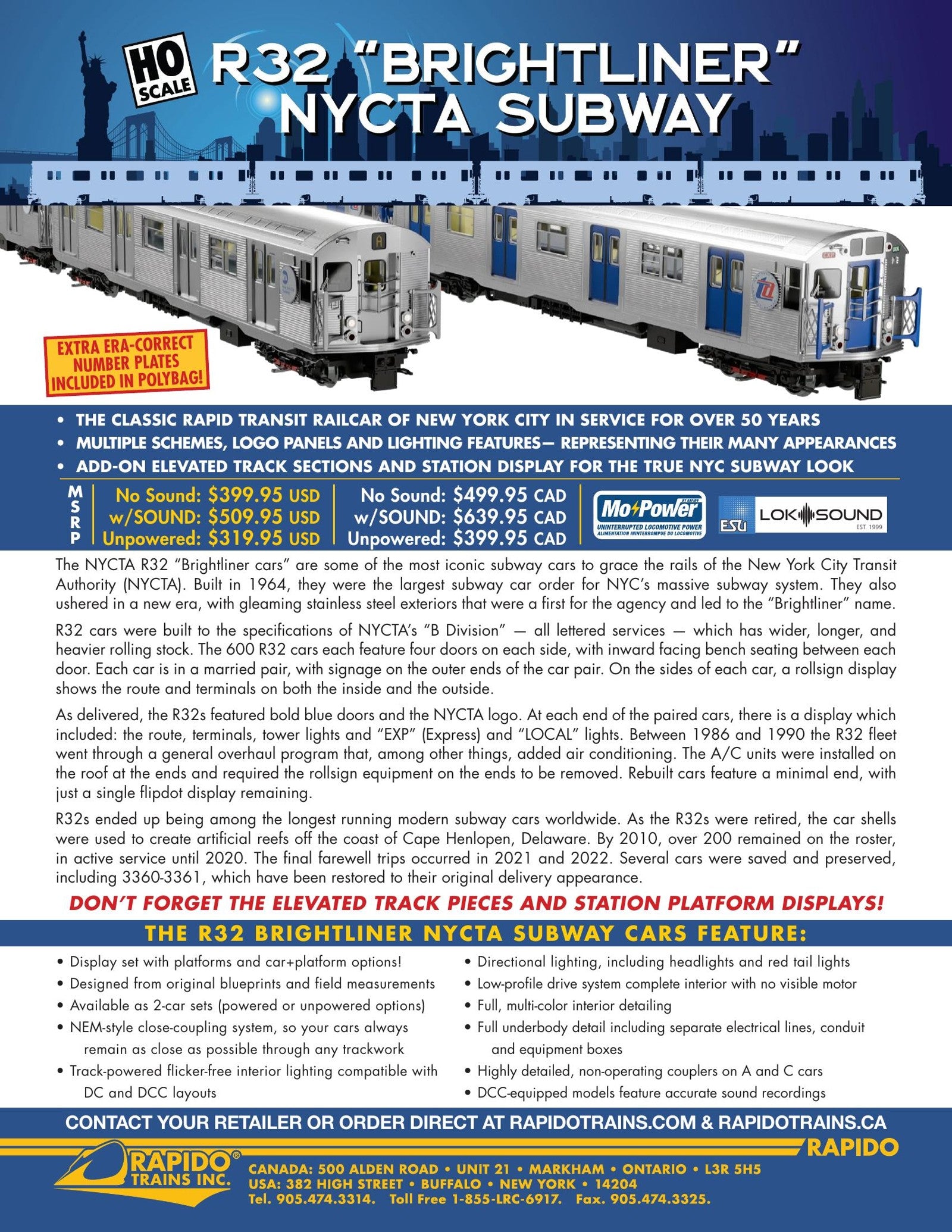 R32 "Brightliner" NYCTA Subway sales sheet — features, prototype info, all road numbers