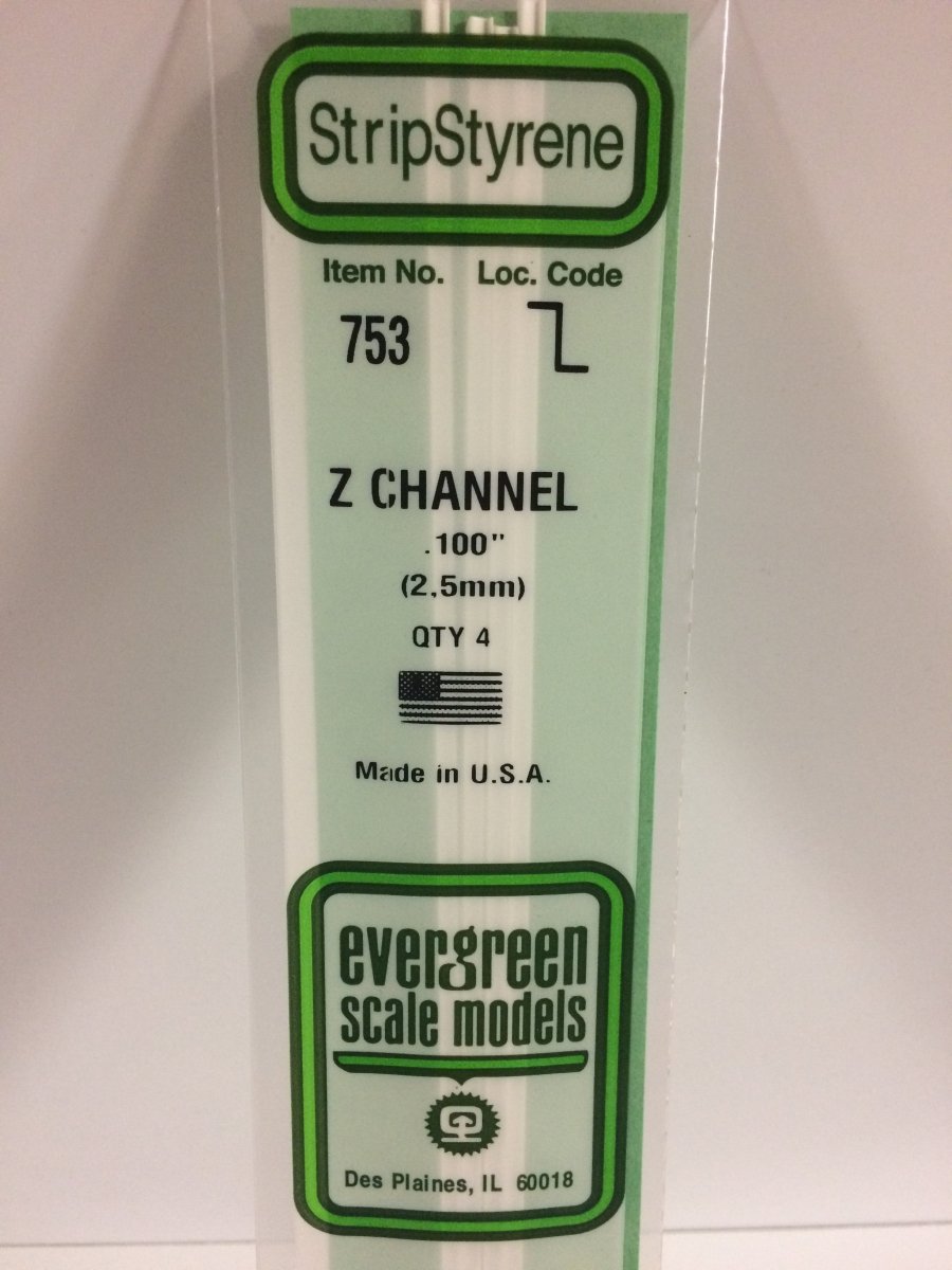 Evergreen 753 .100" (2.5mm) Opaque White Polystyrene Z - Channel (4 pcs) - Oakville Model Trains Depot