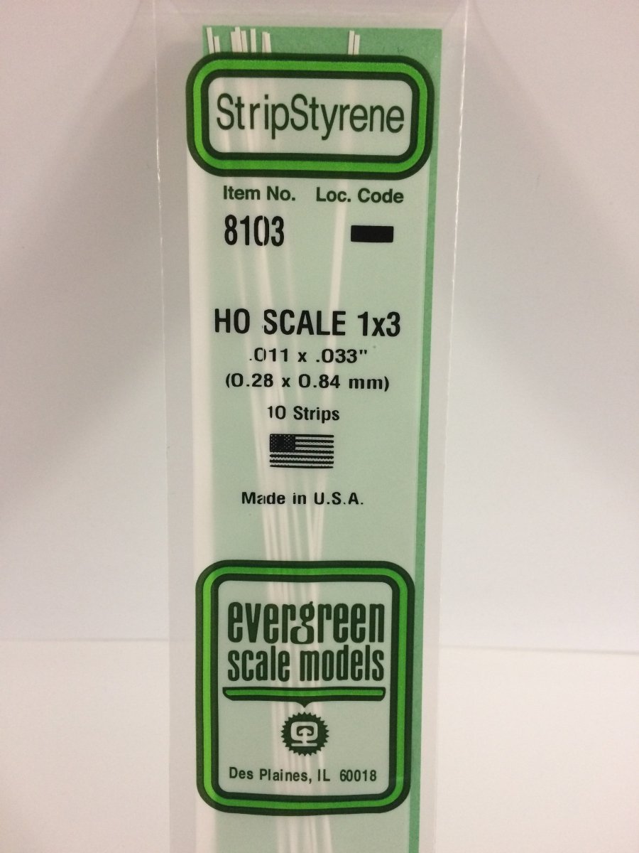 Evergreen 8103 .011" X .033" Opaque White Polystyrene HO Scale Strips (1x3) (10 pcs) - Oakville Model Trains Depot