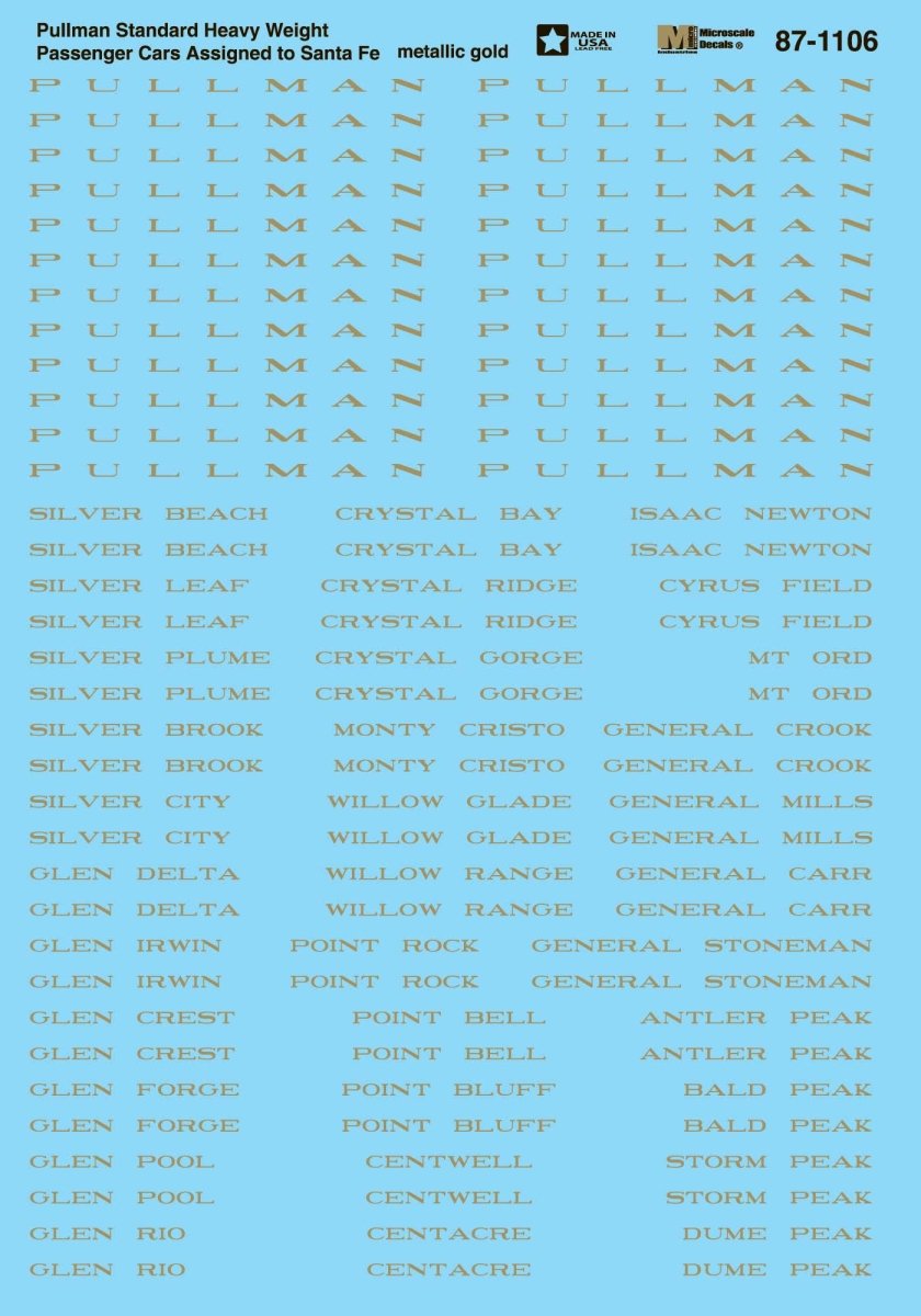 Microscale 87 - 1106 HO Scale Pullman Heavyweight Sleeping Cars (1910 - 1950s) Waterslide Decals - Oakville Model Trains Depot