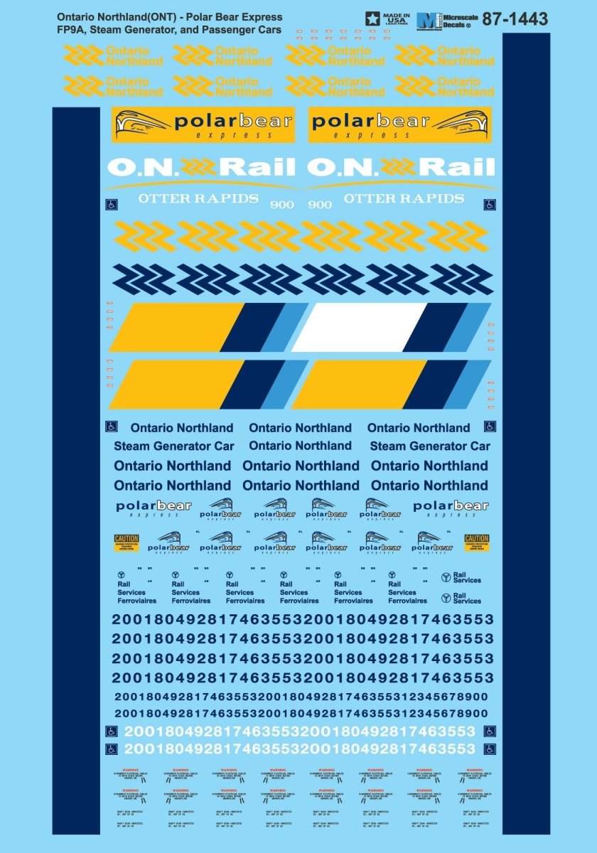 Microscale 87 - 1443 HO Scale Ontario Northland Polar Bear Express - FP9A & Passenger Cars Waterslide Decals - Oakville Model Trains Depot