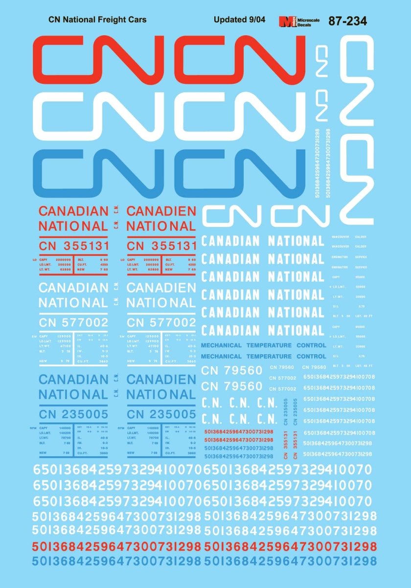 Microscale 87 - 234 HO Scale Canadian National Freight Cars & Cabooses (1961+) Waterslide Decals - Oakville Model Trains Depot