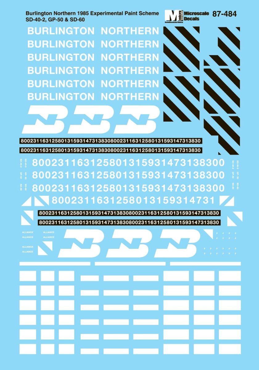 Microscale 87 - 484 HO Scale Burlington Northern GP50, SD40 - 2 & SD60 Diesels (1985 - 1989) Waterslide Decals - Oakville Model Trains Depot