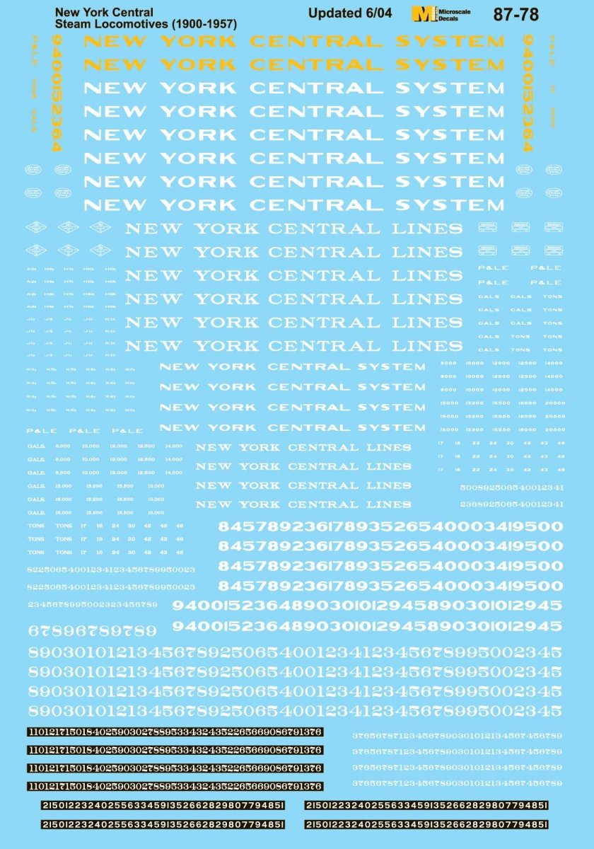 Microscale 87 - 78 HO Scale New York Central (NYC) Medium Steam Locomotives Waterslide Decals - Oakville Model Trains Depot