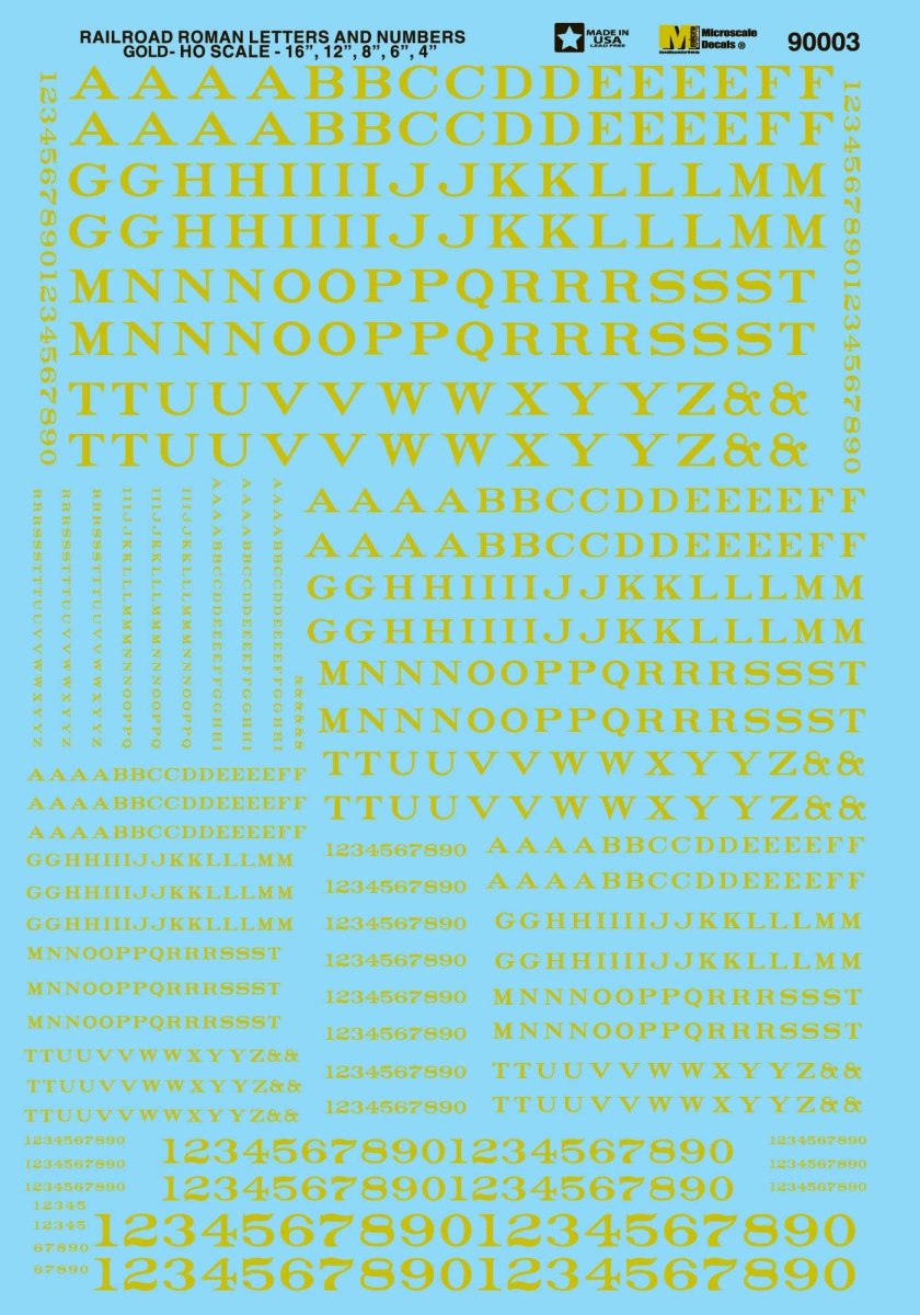 Microscale 90003 HO Scale Railroad Roman Alphabet - Standard - Gold Waterslide Decals - Oakville Model Trains Depot
