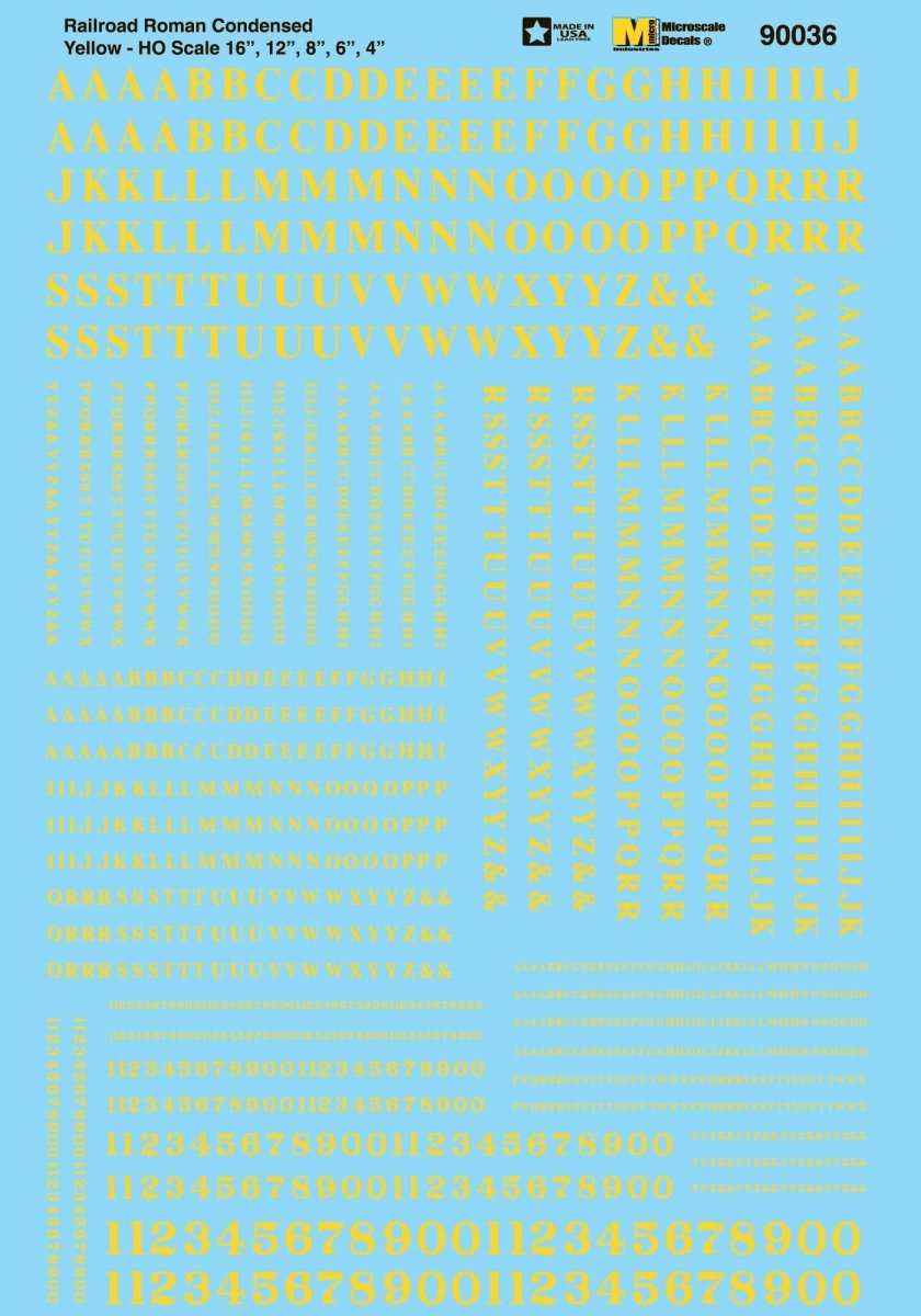 Microscale 90036 HO Scale Condensed Railroad Roman Alphabet - Yellow Waterslide Decals - Oakville Model Trains Depot