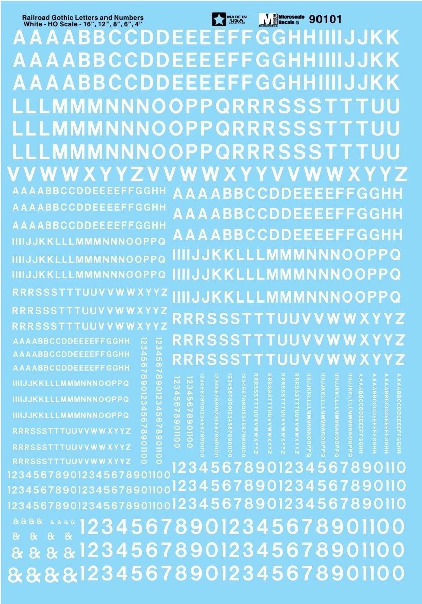 Microscale 90101 HO Scale Railroad Gothic Alphabet - White Waterslide Decals - Oakville Model Trains Depot