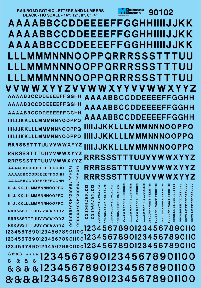 Microscale 90102 HO Scale Railroad Gothic Alphabet - Black Waterslide Decals - Oakville Model Trains Depot