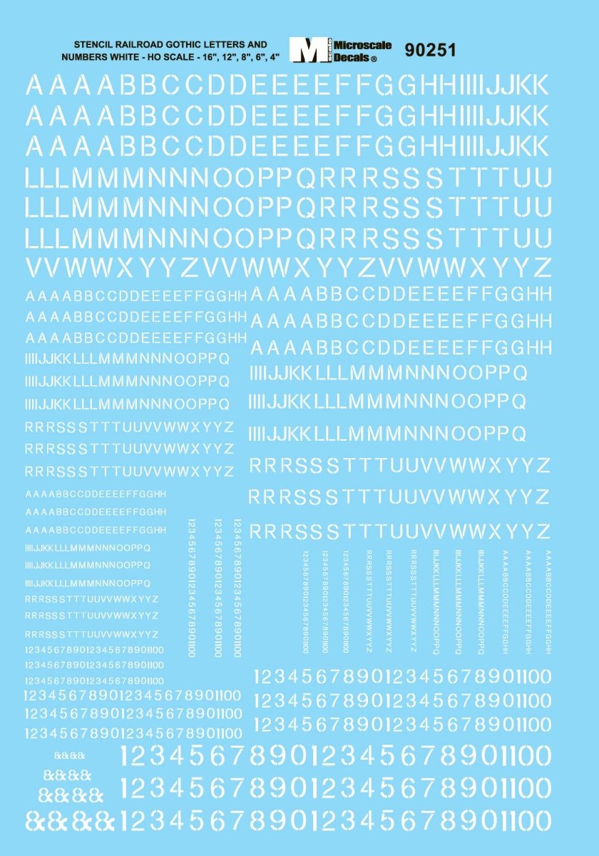Microscale 70251 N Scale Stencil Gothic Railroad Alphabet & Numbers - White Waterslide Decals - Oakville Model Trains Depot