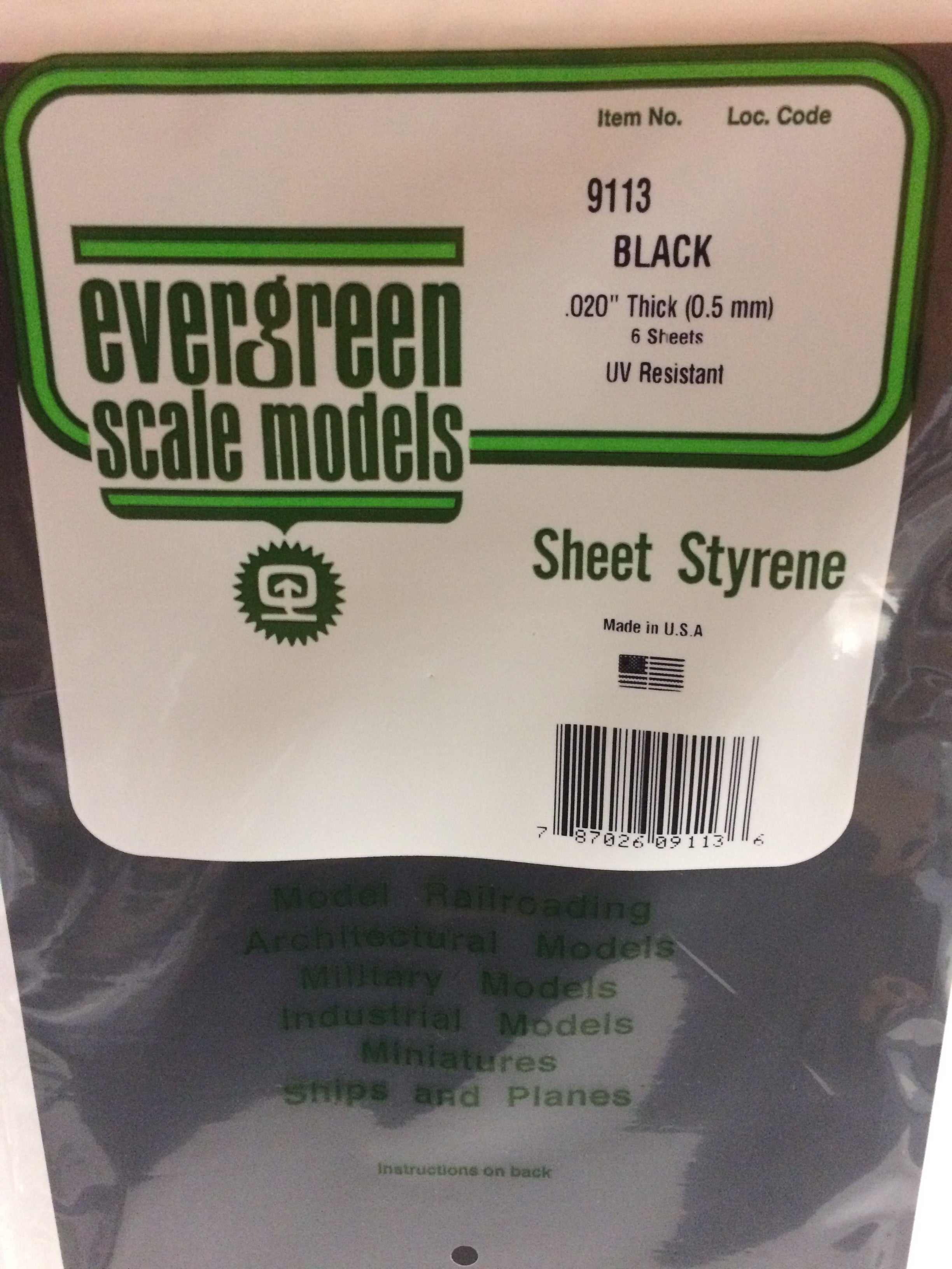 Evergreen 9113 .020" Plain 8"x21" Opaque Black Polystyrene Sheet Bulk Pack (6 pcs)