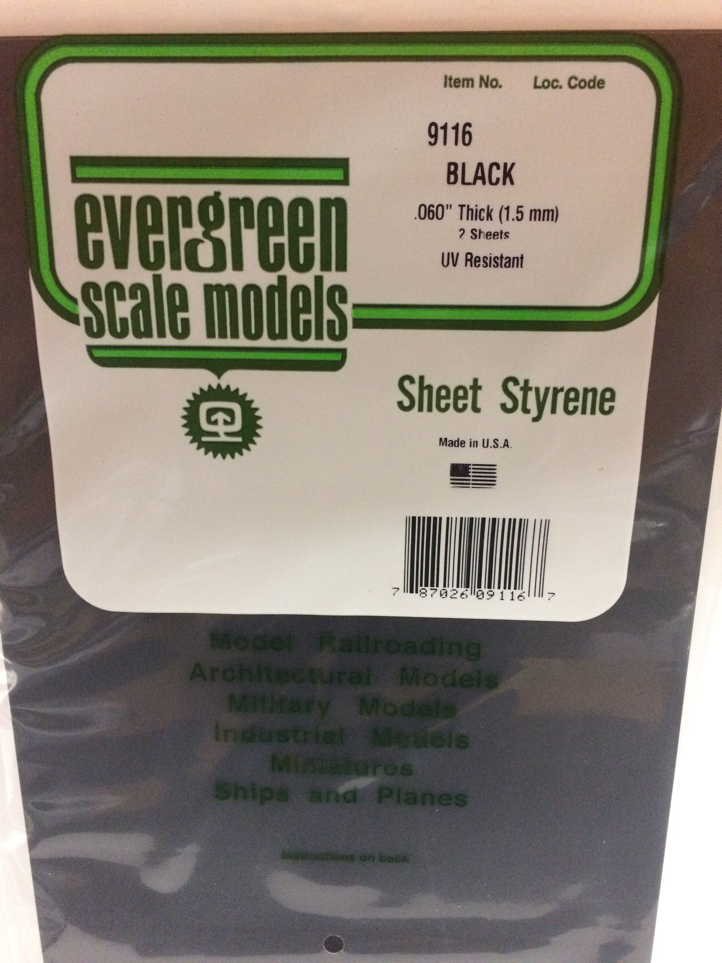 Evergreen 9116 .060" Plain 8"x21" Opaque Black Polystyrene Sheet Bulk Pack (2 pcs)