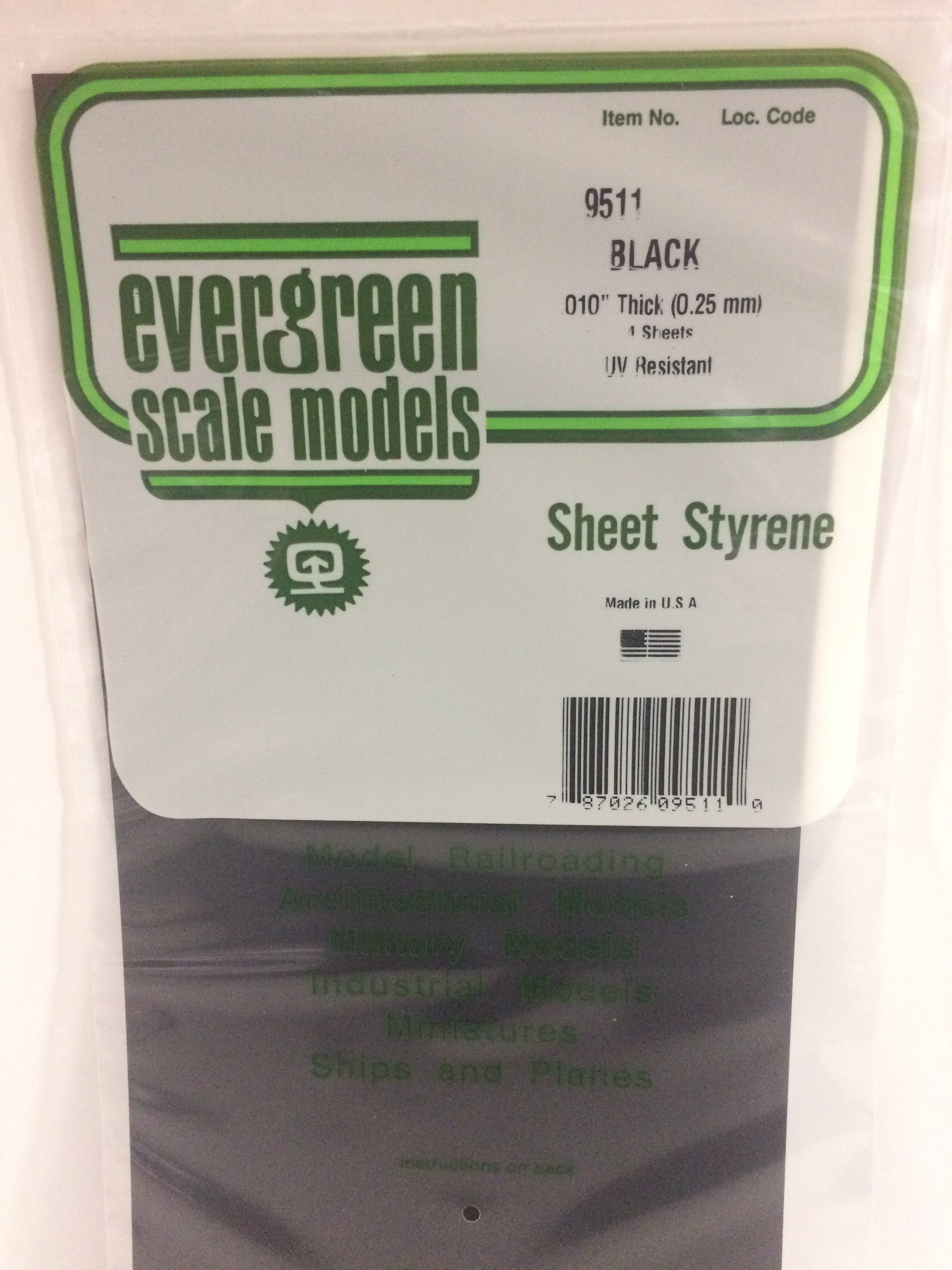 Evergreen 9511 .010" Plain 6"x12" Opaque Black Polystyrene Sheet (4 pcs)