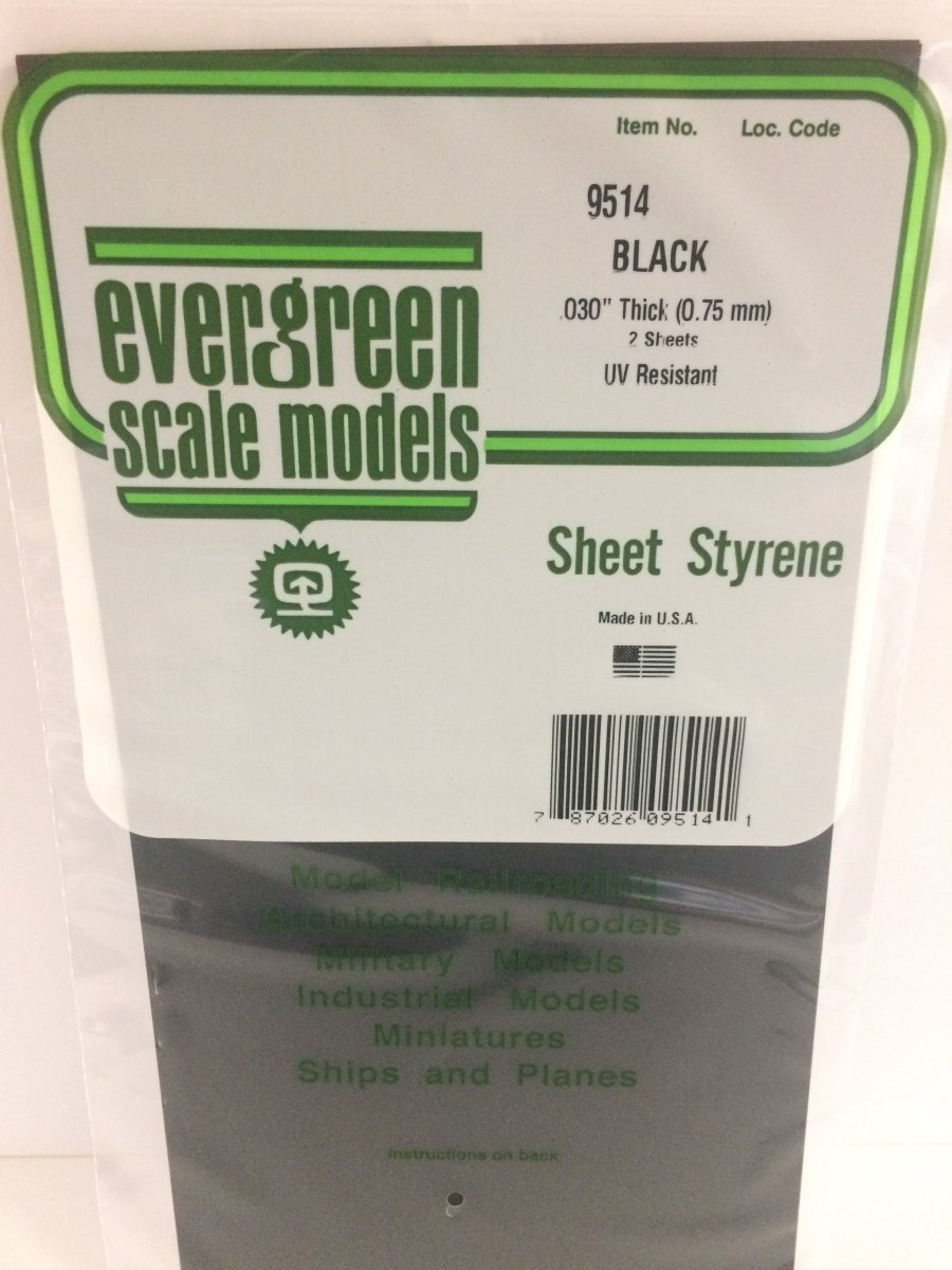 Evergreen 9514 .030" (.75mm) Plain Opaque Black Polystyrene Sheet (2 pcs) - Oakville Model Trains Depot