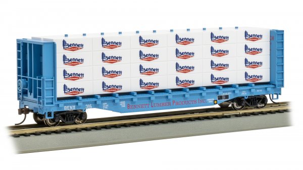 Bachmann 12925 HO Scale 52' Center-Beam Flatcar with Lumber Load - Bennett Lumber Products #316