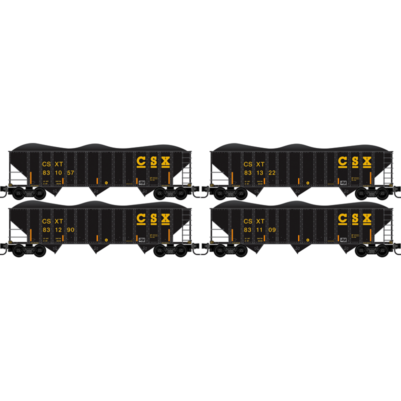 Micro-Trains 983 100 245 N scale CSX 4-Pack Runner Pack #245 100-Ton 3-Bay Open Hopper with Coal Load